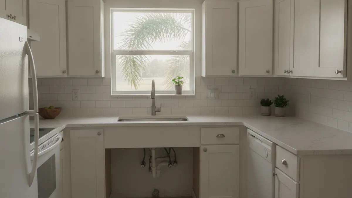 Modest Tampa Bay kitchen refreshed with light cabinets, new counters, and a simple tile backsplash