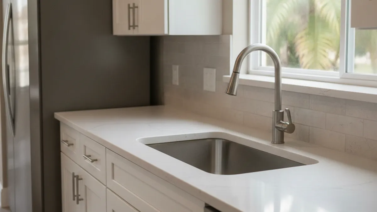 Tampa Bay kitchen with a newly installed quartz countertop and undermount sink