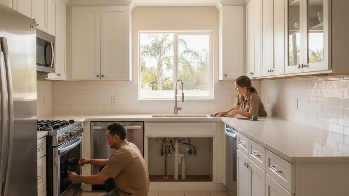 A renovated Tampa Bay galley kitchen with parallel runs, light cabinets, and a clear floor path