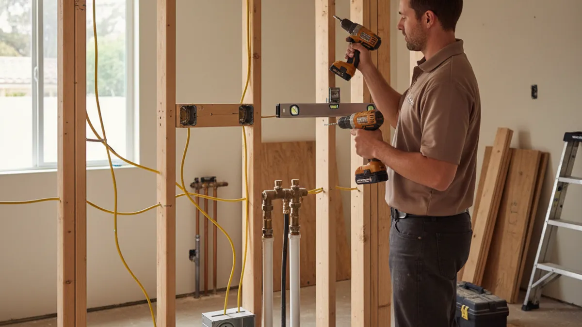 An electrician roughing in a 20-amp small appliance circuit in a Tampa Bay kitchen remodel