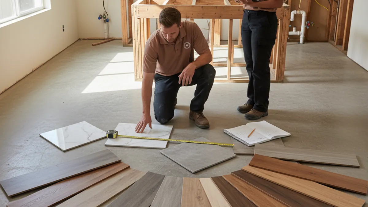 A modern Tampa Bay kitchen with wide-plank porcelain tile and a flush transition to engineered hardwood in the living room