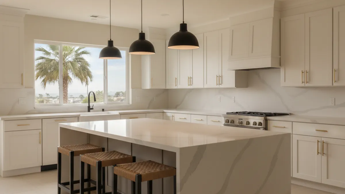 A spacious Tampa Bay kitchen with a white oak island, pendant lights, and a waterfall quartz end panel