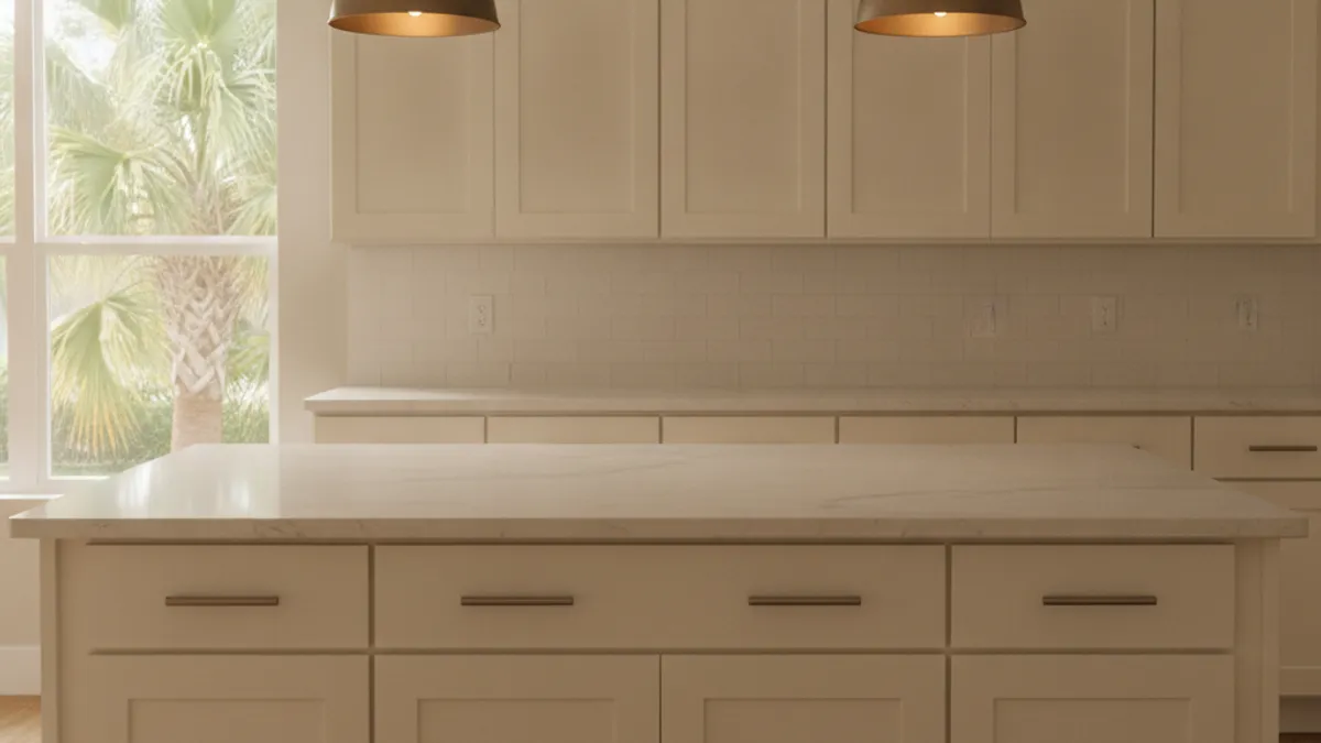 Newly built kitchen island with a quartz top and light cabinets in a Tampa Bay kitchen