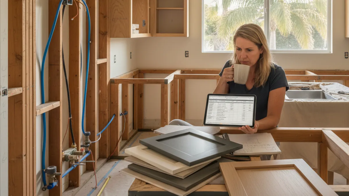 A modern Tampa Bay kitchen with shaker cabinets and a quartz island during a remodel