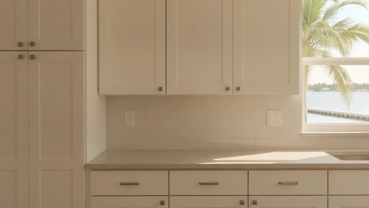 Tampa Bay kitchen with warm white shaker cabinets and a quartz counter, with palms and open water outside the window
