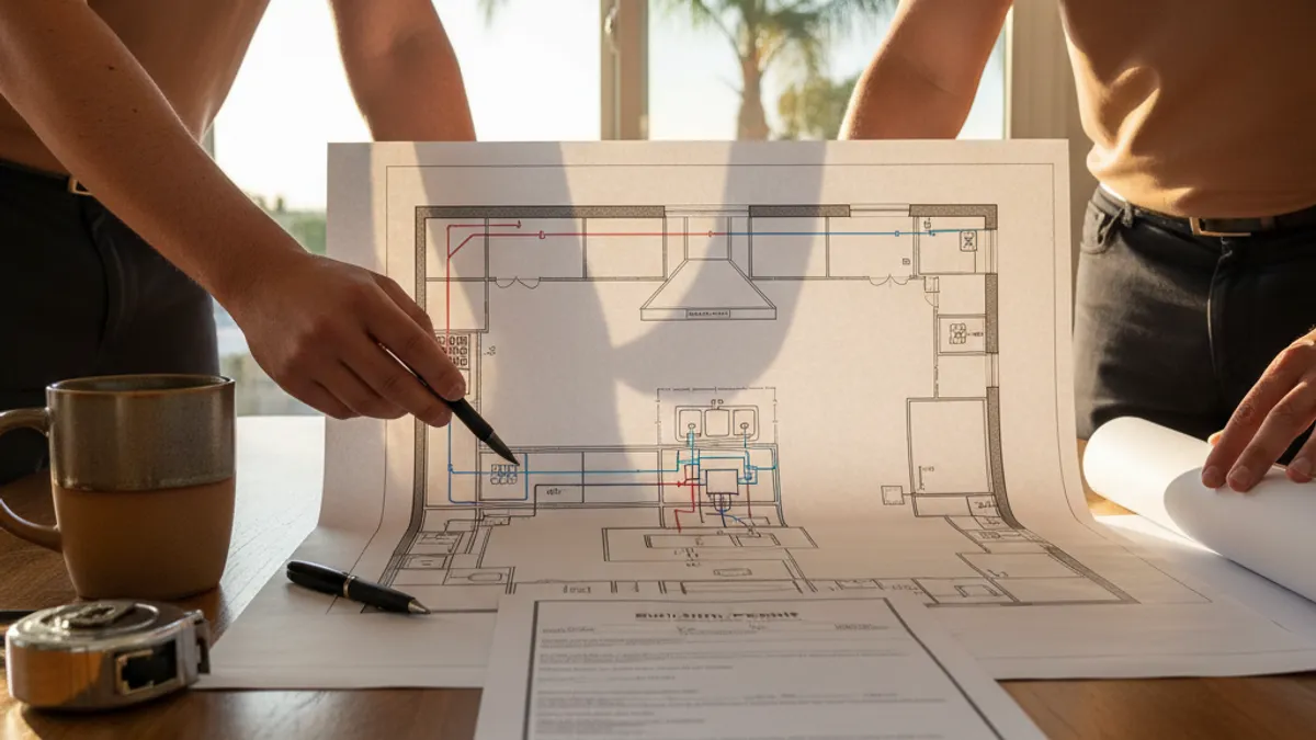 A posted building permit in the window of a Tampa Bay home during a kitchen remodel