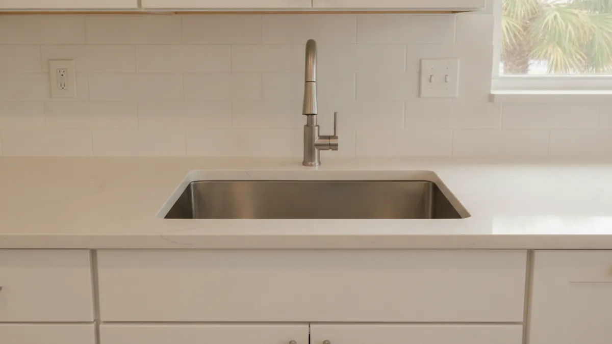 Tampa Bay kitchen with a new undermount stainless sink in a quartz countertop above light cabinets