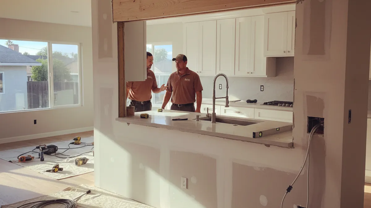 A Tampa Bay open concept kitchen with a removed wall, flush header, and continuous flooring into the living room