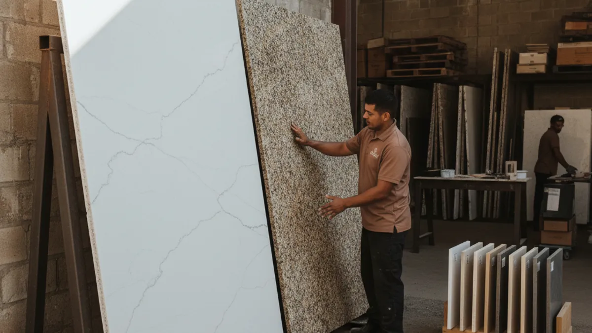 Side by side quartz and granite countertop samples in a Tampa Bay kitchen showroom