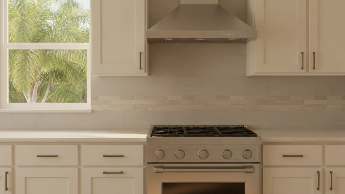 Tampa Bay kitchen with a wall-mounted stainless range hood over a gas range