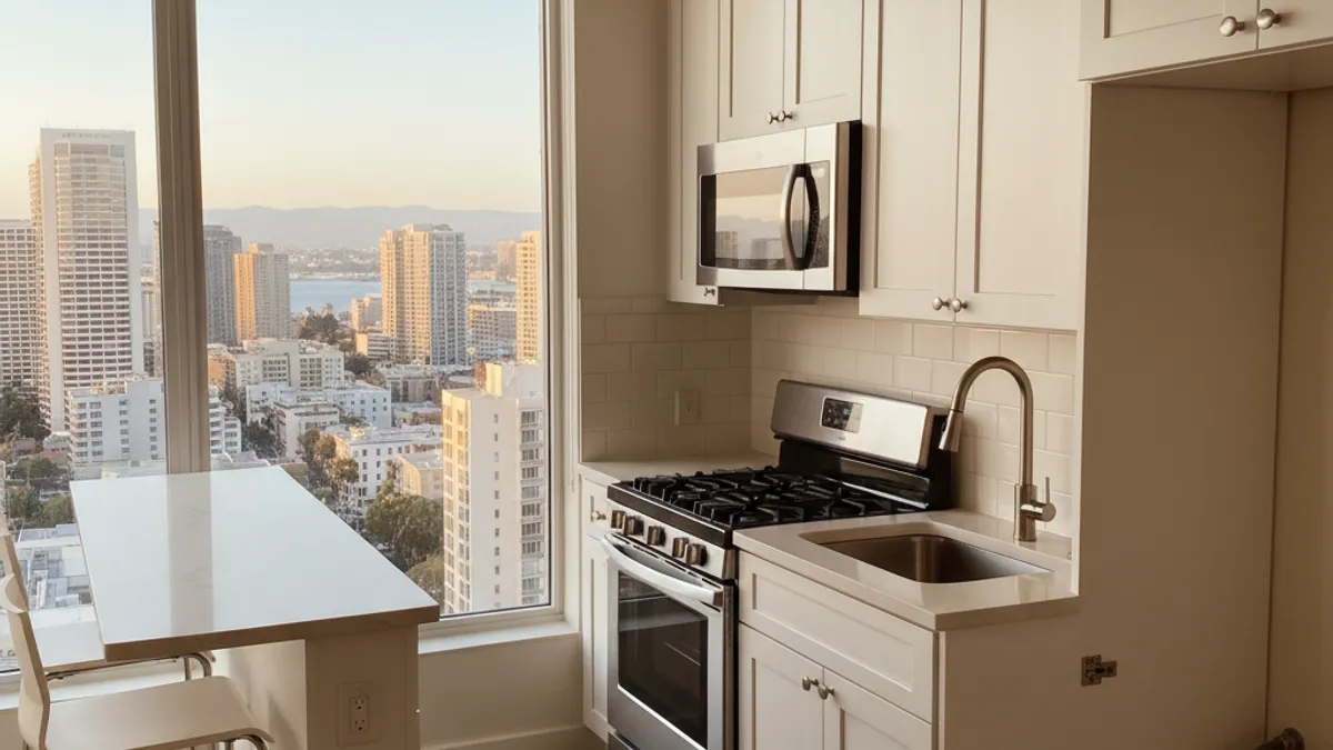A bright, compact Tampa Bay condo kitchen remodel with white cabinets and open shelving