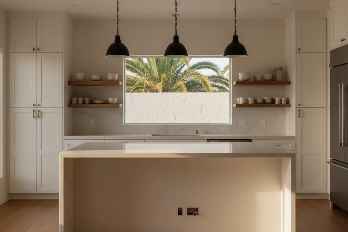 Modern Tampa Bay kitchen remodel with shaker cabinets, quartz counters, and a large island under pendant lights.