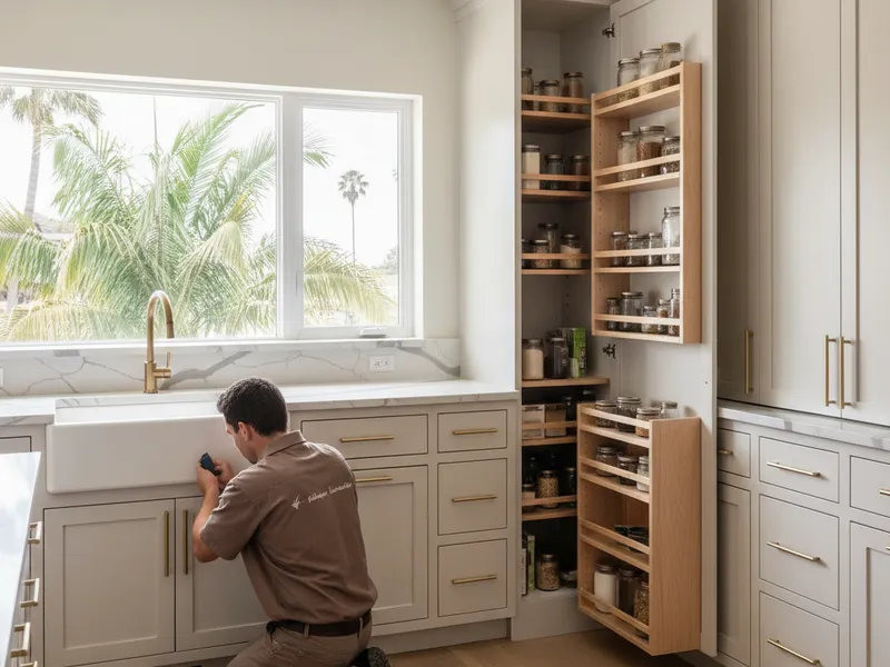 Custom white oak full-overlay kitchen cabinets with a built-in pantry in a Hyde Park, Tampa remodel