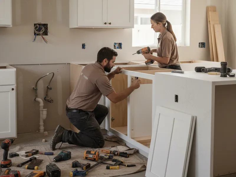 Crew installing shaker cabinets in a Tampa Bay full kitchen remodel with quartz counters and a large island