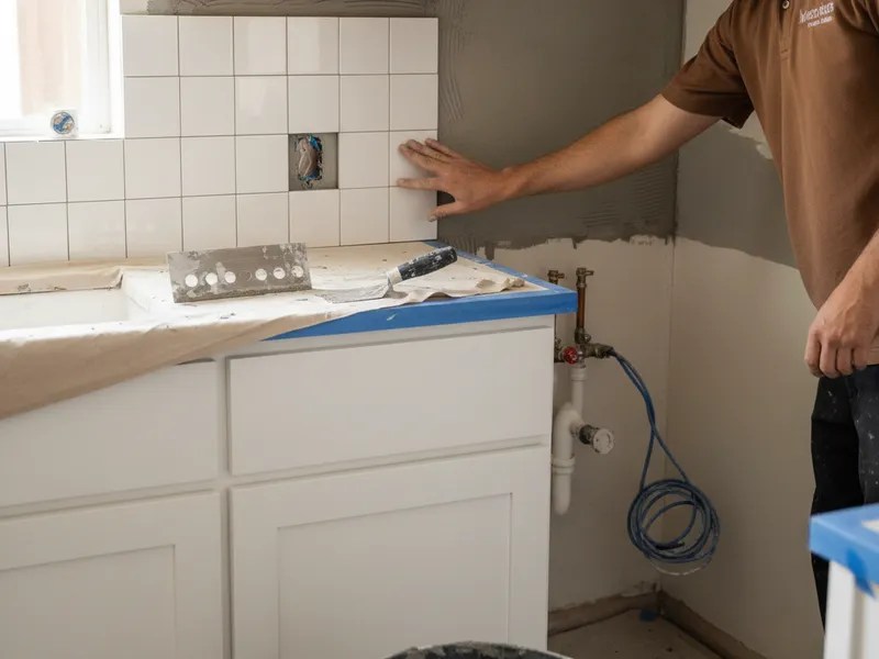 White zellige backsplash tile installed in a Seminole Heights kitchen with a custom range hood