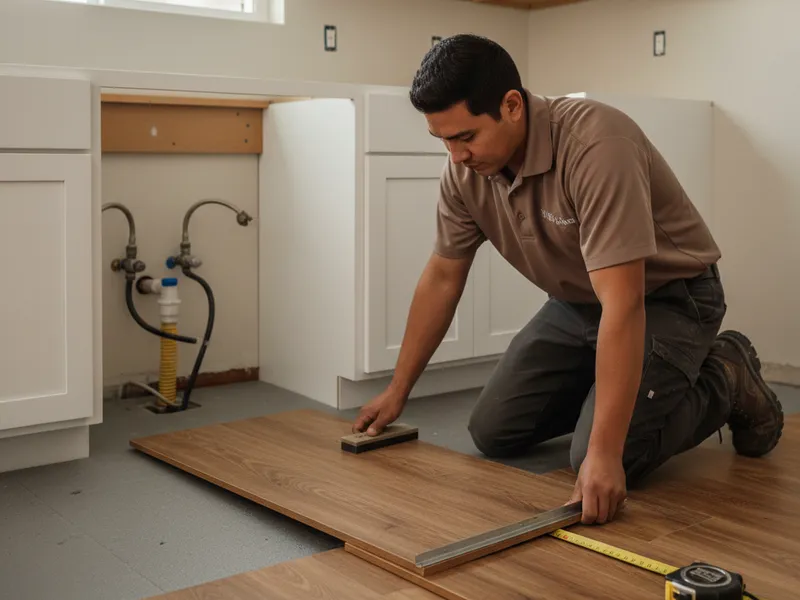 Wide-plank luxury vinyl plank floor installed in a Clearwater kitchen with a transition to the living room