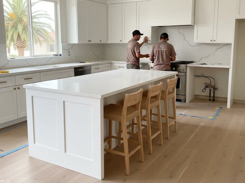 New white oak kitchen island with waterfall quartz counters and breakfast bar in a Wesley Chapel remodel